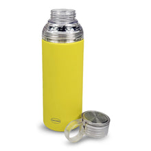 Thermosflasche mit Tasse, gelb mit abgeschraubtem Deckel